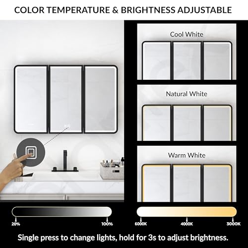 Image of Plantex 304 Stainless Steel Bathroom Cabinet with Mirror /LED Mirror Cabinet for Wall /Triple Door Bathroom Cabinet Storage /Bathroom Organiser Cabinet (36X24 Inch- Defogger /Black)