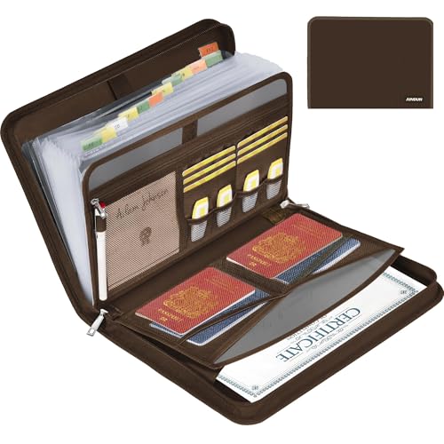 ファイルケース、A4 耐火ドキュメント ジッパーとラベル付き重要書類 整理ケース、12 ポケット大容量紙アコーディオンー レター A4 、領収書などのに対応,茶色