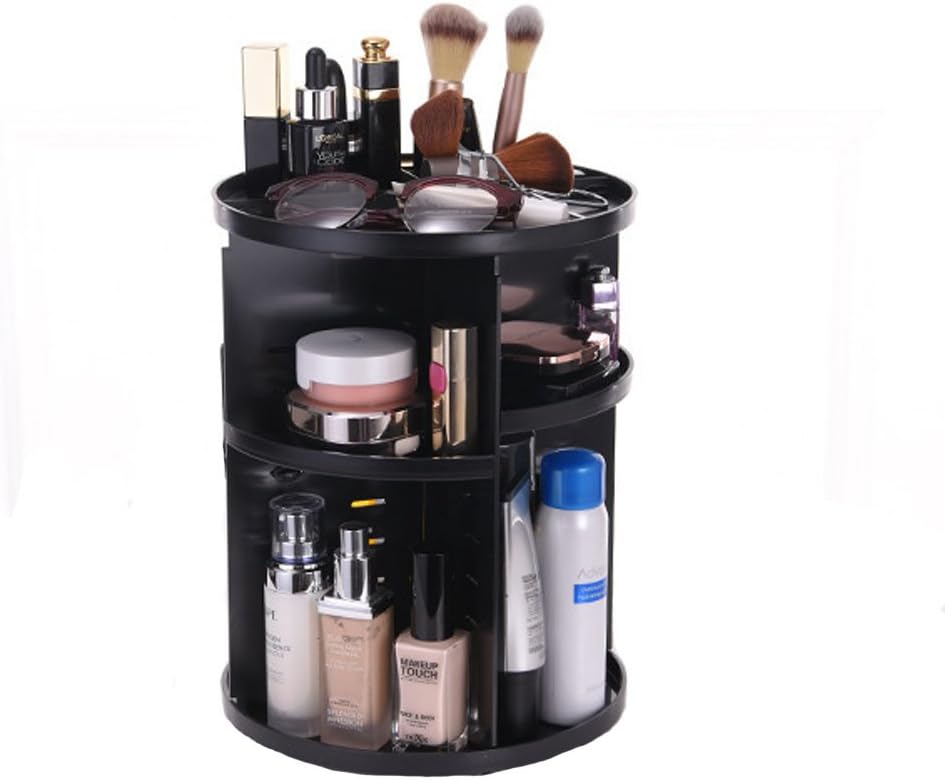 Makeup Organizer 360 Degree Rotating Cosmetics Storage Box Multi-Function Makeup Holder with DIY Adjustable Tray - Larger Capacity - Fits for Lots of Cosmetics and Accessories (Black)