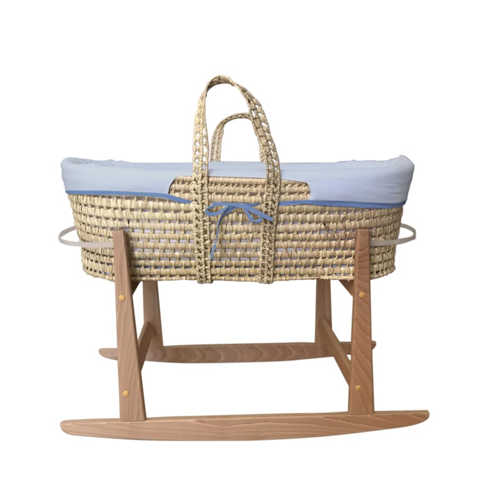 Tanuki Moisés de Mimbre Natural para Bebé con Base de Madera - Hecho a Mano - Colchón Incluido - Estilo nórdico Liso Azul