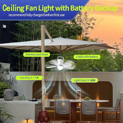 Image of 21'' Ceiling Fan with Light and Remote, 21600mAh Battery Operated Gazebo Fan,Outdoor Hanging Fan for Gazebo, RV,Patio, Camping Tent, Greenhouse,Porch ,Chicken Coop, USB-C Fast Charge