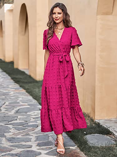 Image of MASCOMODA Women Boho Swiss Dot Maxi Dresses Wrap V Neck Flutter Short Sleeve Solid Tie Waist A Line Tiered Flowy Long Dresses