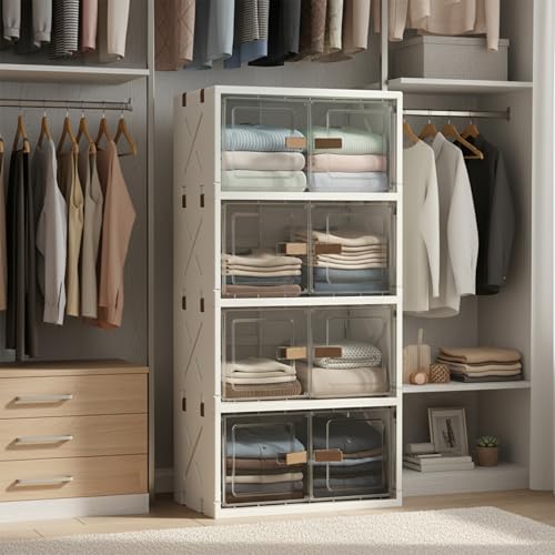 Image of House of Quirk 4 Layer Plastic Storage Box - Flip Storage Box, Foldable with 2 Door, Free Installation, Storage Wardrobe & Home Organizer (40cm, Transparent, Cream)