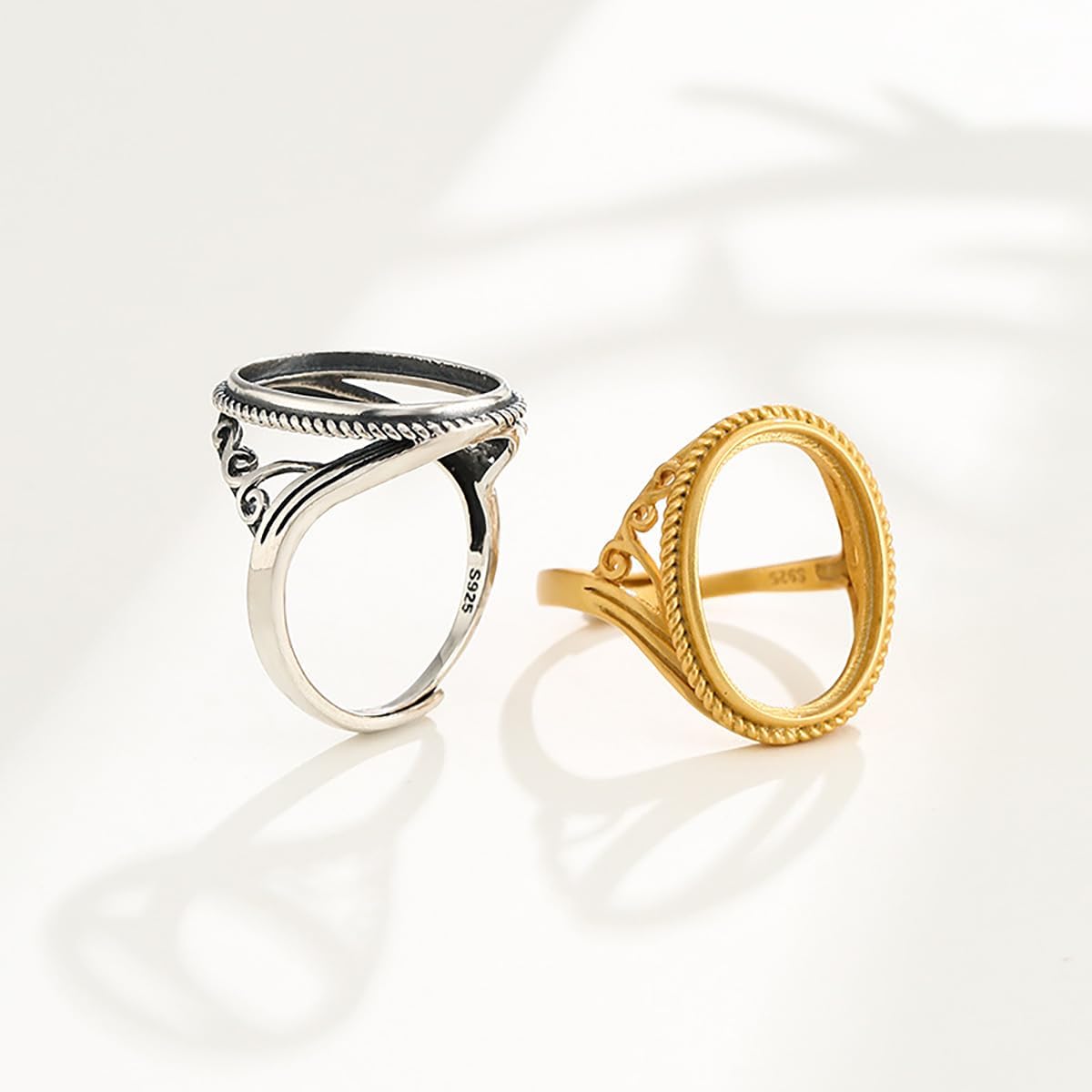 Adjustable Ring Base (7X9mm/8X10mm/10X12mm/13X18mm Oval Cabochon Blank) S925 Silver Retro Ring Bezel Setting DIY Ring Blanks for Jewelry Making Accessories