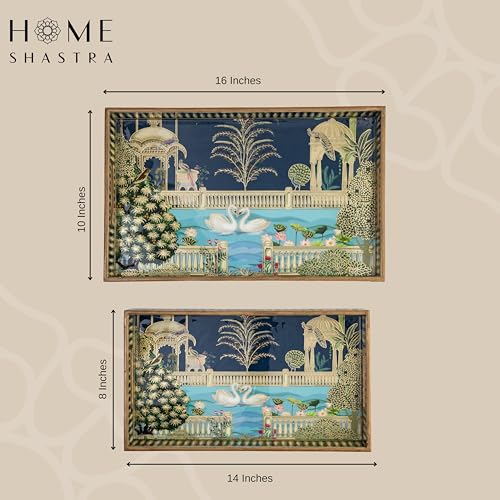 Image of Swan Wooden Serving Tray with Gold Engraving | Set of 2 | Size : 16 x 10 inch & 14 x 8 inch | Enamel Coated Waterproof | Rectangular | Swan Set of 2