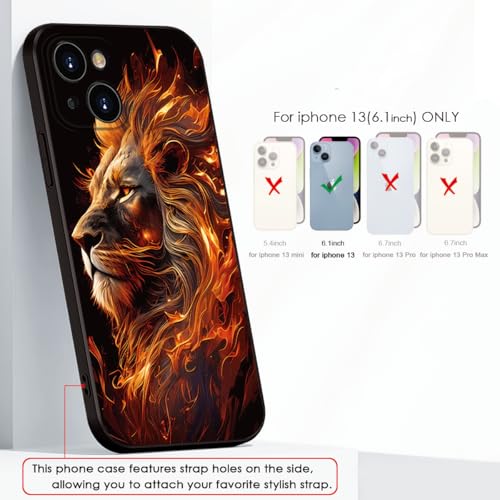 Printed with Lion for iPhone 13 case, Flaming Lion Silicone Soft Shockproof Case - Exuding Royal Authority (A1-Lions-Animal)
