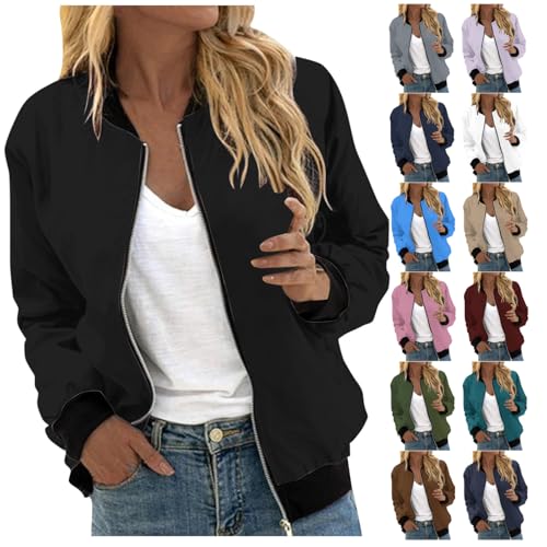 EMATOP Bomberjacke Damen Casual Langarm College Jacke Leichte Elegant Fliegerjacke Einfarbig Bequem Pilotenjacke Zip Up Übergangsjacke mit Taschen Sportjacke Locker Lässig Bikerjacke Outwear
