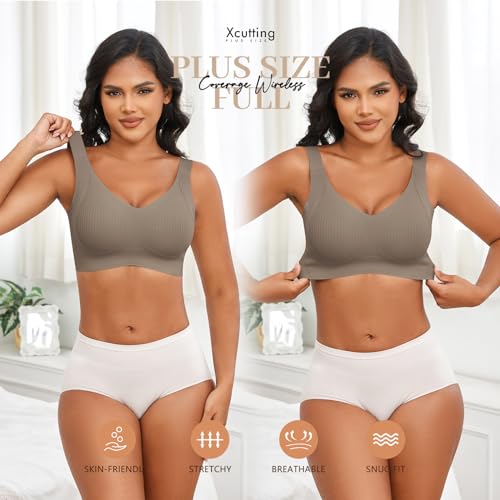 Image of Xcutting Plus Size Bras for Women No Underwire Full Coverage Everyday Bras | wireless,support lift,sagging breast bras for older women large breast,padded seamless,wide strap,sleep t shirt,comfortable