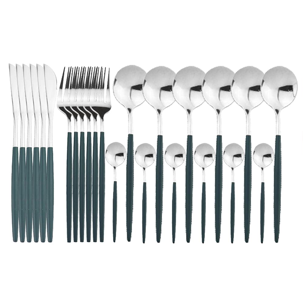 Set di posate in argento, set da 24 pezzi, stoviglie in acciaio inossidabile, coltello, forchetta, cucchiaio, cucina, all'ingrosso, neri(24pcs Green Silver)