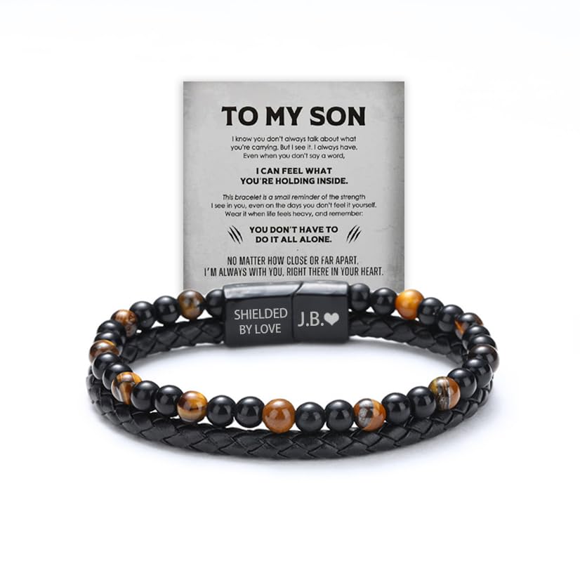 The Guardian - Son's Tiger Eye Protection Bracelet, Personalized Leather Black Beaded Bracelet with Engarved Name, Handmade Cuff Bracelets Men's Birthday Weave Gift Jewelry