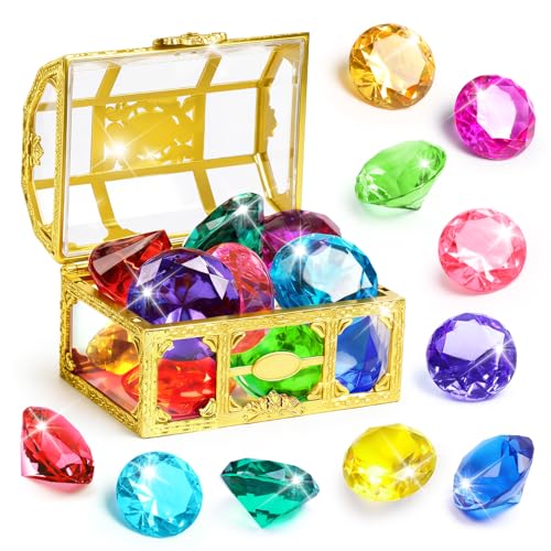 DISHIO Large Diving Gem Pool Toys with Golden Treasure Box, 10PCS Colorful Acrylic Diamonds Set for Summer Swimming Underwater Training, Pirate Party Favors, Bath Toys for Kids Gold