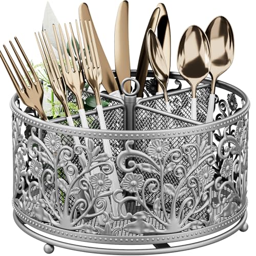 Yiukea SILVERWARE CADDY 360° Rotating Utensil Caddy - Silverware Cutlery Caddy Holder With 4 Compartment, Metal Flatware Organizer Countertop cover
