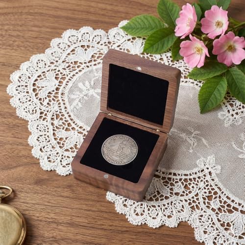 Caja para monedas de madera de nogal 8x8x3.8 cm con inserto negro miniatura 4