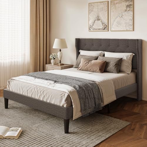 Xbro Cama Tapizada 140x200 cm con Cabecero Acolchado y Somier de Lamas de Madera, Cama Doble Estable con Almacenaje, Montaje Fácil