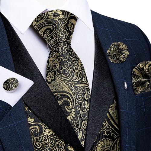 Image of DiBanGu Mens Paisley Suit Vest Silk Jacquard Waistcoat and Necktie Set Formal Shawl Collar Dress Vest 7PCS for Wedding Party