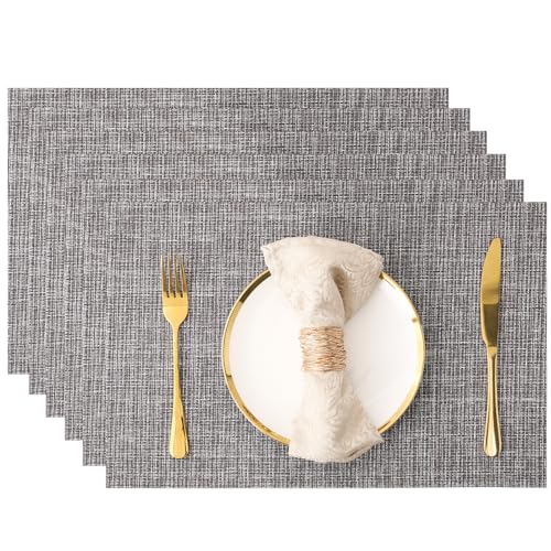 Placemats Set of 6 Heat-Resistant Indoor Place Mats, Washable Durable PVC Vinyl Outdoor Table Mats for Dining Table Kitchen Restaurant Grey 18×12 Inch