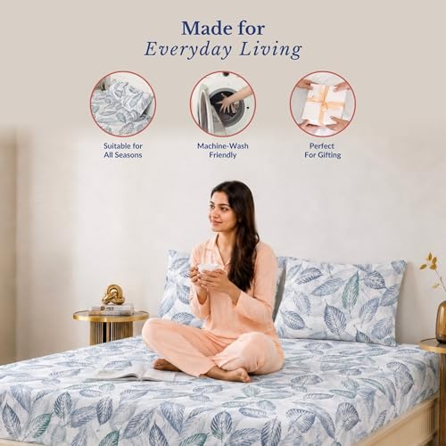 Image of Jaipur Weaves King Size Elastic Fitted Bedsheet, 100% Pure Cotton King Size Fitted Bedsheet for Double Bed with 2 Pillow Covers, 240 TC, 72x78 Inches up to 8-inch Mattress, Leafy (Tealish Blue)