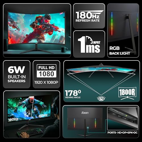 Image of Foxin Phantom 32 inch (80 cm) 1800R Curved Gaming Monitor, FHD 1920x1080p, 180Hz, 1ms, Adaptive Sync | 99% sRGB | DP, HDMI & DC Ports | RGB Backlight, Built-in Speakers | Wall Mountable | Black