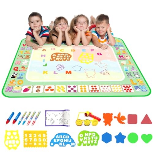 Image of PATPAT 100x80CM Reusable Magic Water Doodle Mat for Kids, Fruit & Animal Park Educational Drawing Toys Mat with Water Pens, Roller Stamps, Templates & Guide Birthday Gift for Kids