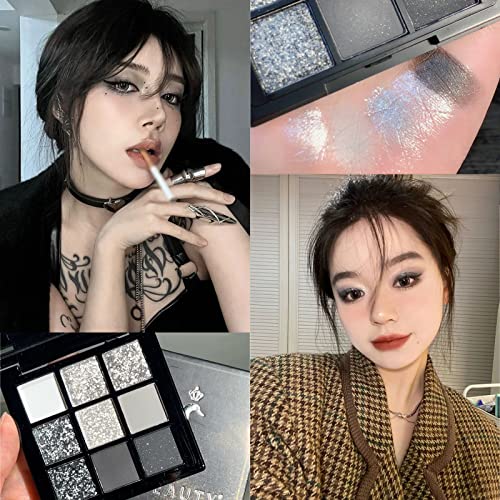 Black Smokey Eyeshadow Palette Makeup, Cool Toned 9 Colors Black Gray Silver White Eye Shadow Makeup Palette,Longlasting Waterproof Matte Glitter Smoky Eyeshadow (A) #TOP6