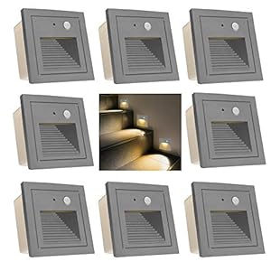 Arote 8pcs 3W LED Applique Encastré Murale d’escalier Carré, avec Détecteur de Mouvement, éclairage étape escalier lampe Aluminium extérieur IP65 Chaud Gris