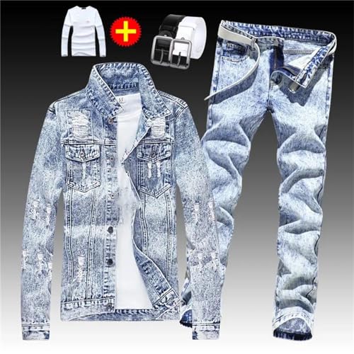 Generic Men's Spring 4 Pcs Set Denim Jacket Holes Single Breasted Coat Jeans Pants with Shirt & Belt Suit2