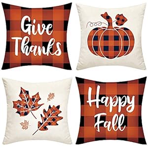 Ivenf Thanksgiving Fall Pillow Covers Decorations 18×18 Set of 4, Orange and Black Plaid Pumpkins Maple Leaves Decorative Throw Pillow Covers, Fall Autumn Cushion Cover Decor for Home Couch Sofa Bed