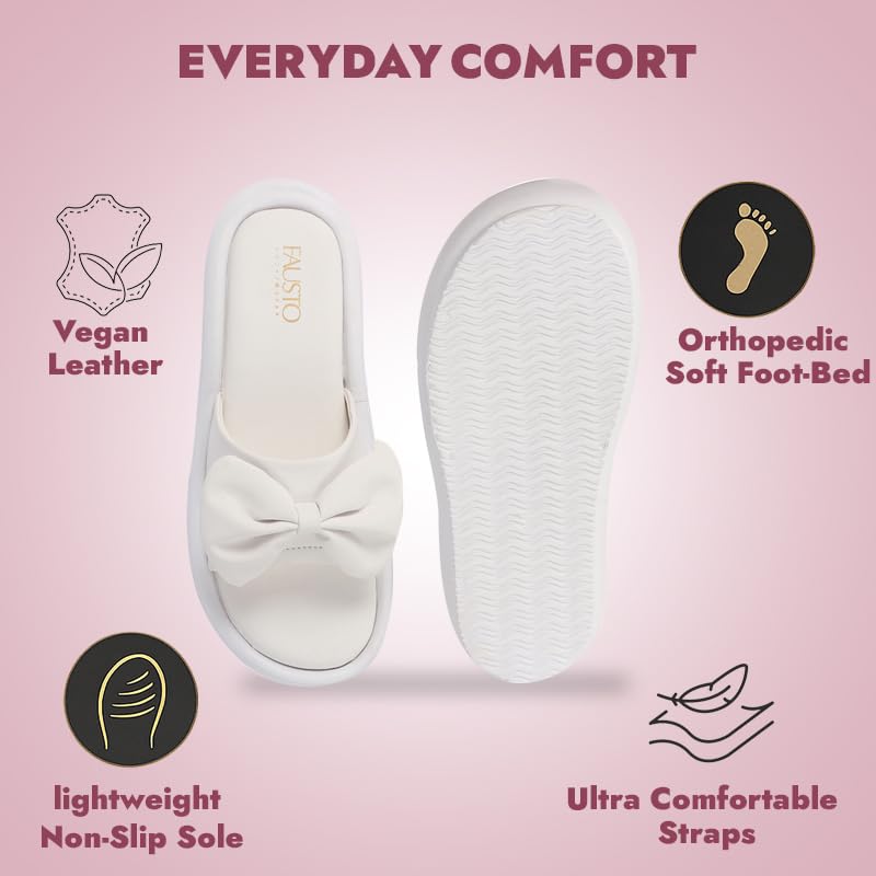 Image of FAUSTO Women Open Toe Bow Design Slip On Sliders | Extra Comfort Cushioned Insole Slippers | Classic Flat Sandals for All Day Long