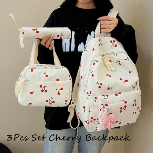 3Pcs Set Cherry Backpack for Girls, Pink Cherry Backpacks, Large Capacity Nylon Cute Daypack (White)2