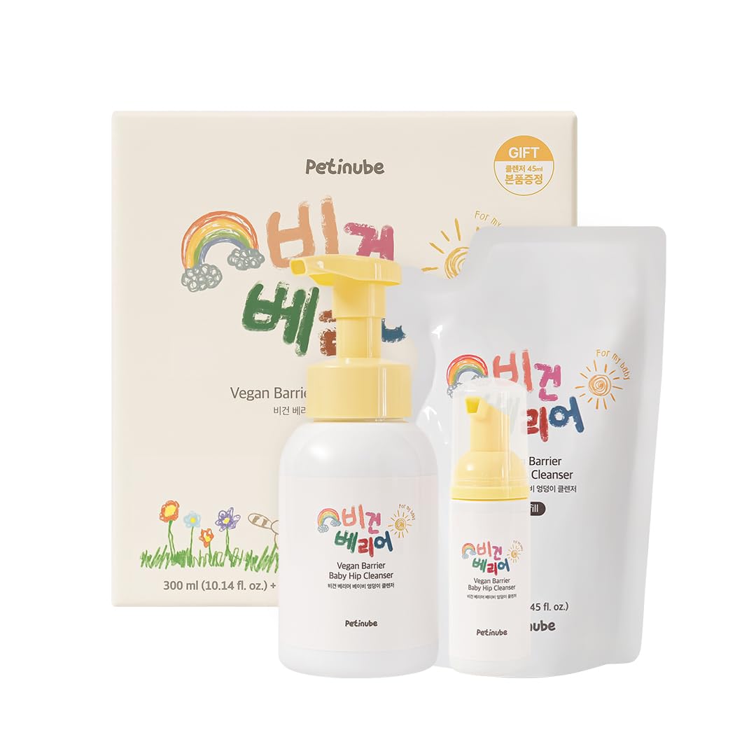 [PETINUBE] VEGAN BABY HIP CLEANSER SET (Full Size 300ml + Refill 250ml + Travel Size 45ml) For Diaper Area – Korean gentle Baby Intimate Cleanser for Newborns & Sensitive Skin - Moisture & Hydrate