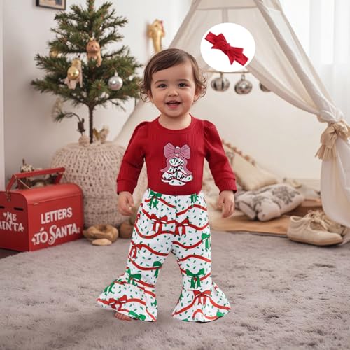 My First Christmas Baby Girl Outfit Newborn Puff Long Sleeve Ribbed Knit Romper Flare Pants Headband 3Pcs Set3