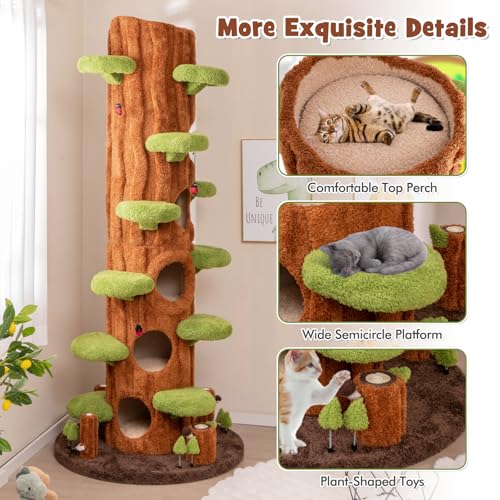 Image of PETSITE 90.5 Inch Tall Cat Tree, Tree-Like Modern Cat Tower with Sisal Scratching Pad, Five Cat Condos, Cute Hanging and Spring Toys, Large Cat Tree Tower for Indoor Cats (Brown)