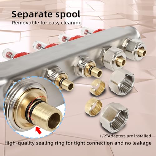 Image of FAHKNS Radiant Heating Manifold, 2 Loop Pex Manifold 1 /2 inch Adapters for Hydronic Radiant Floor Heating Stainless Steel Radiant Heat Pex Manifold Set