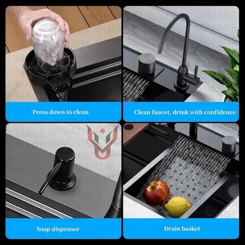 Image of Kitchen Sink 304 Grade Anti Scratch Design With Integrated Waterfall And Pull-down Faucet Set and All Accessories All In One Stainless Steel Sink For Kitchen (All In One (30X18X9))