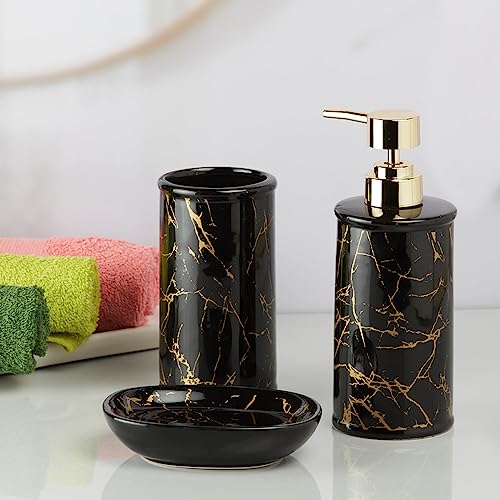 Image of Kookee Ceramic Bathroom Set - Stylish 3 Piece Bath Accessories Kit with Liquid Handwash Soap Dispenser, Toothbrush Holder & Soap Dish - Modern & Designer Decor,Black /Gold (9728)