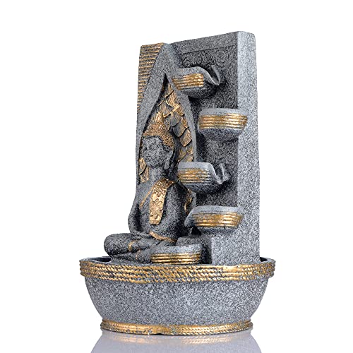 Global Grabbers Polyresin Table Top Indoor Outdoor Water Fall Fountain with LED Lights Home Decor Decoration Gift Gifting Items-STN_Gry-B4