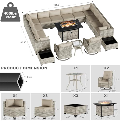 Image of 18-Piece Patio Furniture Set, Outdoor Patio Furniture with 55,000 BTU Fire Pit Table, Swivel Chairs Set, Thick Cushions, Modular Patio Sofa, Dual-Strand Wicker Rattan, Rust-Resistant Frame,Khaki