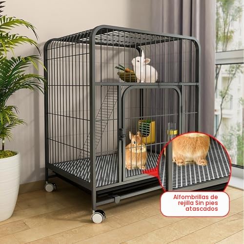 Jaula de conejo para interiores con bandejas extraíbles profundas y ruedas universales de 360°, diseño de doble puerta, red de alambre de metal audaz