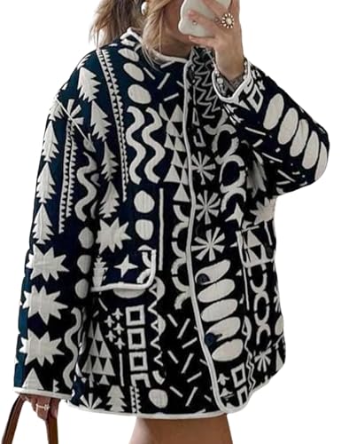 Arssm Womens Geometric Quilted Puffer Jacket Winter Lightweight Cute Jacket Padded Coat Crewneck Printed Outerwear