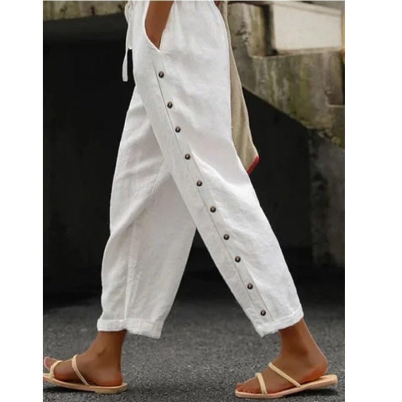 Akivide Womens Summer Cotton Linen Pants Drawstring High Waist Comfy Loose Straight Leg Beach Pants with Pockets2