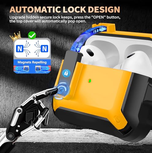 Image of Olytop for Airpods Pro 3 Case with Magnetic Automatic Lock, Rugged Apple Airpods Pro 3rd Generation Cover 2025, Armor Shockproof iPod Pro3 Gen Protective Shell with Carabiner&Cleaner kit,Black /Yellow