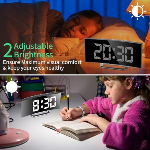 Image of Digital Alarm Clock with 7'' Curved LED Mirror Screen, USB & Battery Powered, Dual Brightness Levels, Snooze Function - Modern Alarm Clock for Bedroom, Kitchen, Office (Curved-Mirror Alarm Clock)