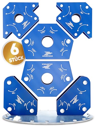 Adlerfokus 6x Schweißmagnet Set [KRAFTVOLL] Schweißwinkel Set mit 11,3 KG / 4 KG Haftkraft - Magnetwinkel mit 30°, 45°, 60°, 75°, 90°, 135° - Schweißzubehör Winkelmagnet zum Heften