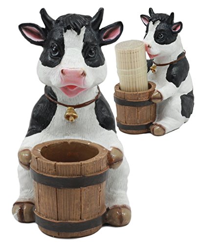 Ebros Country Farm Bovine Cow with Bell Collar Holding A Wooden Barrel Decorative