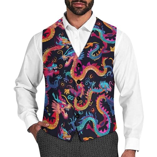 Colorful Dragons Novelty Men's Suit Vest Casual Formal Dress Vests Business Waistcoat