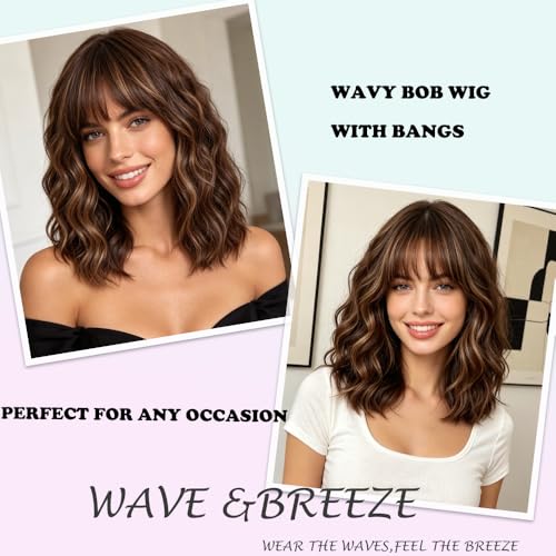 WAVE&BREEZE Wavy Bob Wig with Bangs Brown Highlight Blonde Wigs for Women Natural Shoulder Length Synthetic Hair Daily Party Cosplay Halloween - Image 5