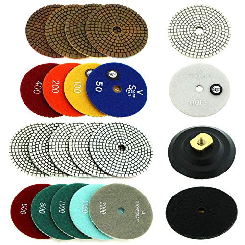 Stonecraft - 4" inch Diamond Polishing Metal Bond Pads Wet/Dry 11 Piece Set with White Buff + Backed Pad for Granite Marble Concrete (White)