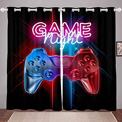 Loussiesd Boys Games Curtains Gamer Window Drapes for Teens Kids Men Black Modern Video Game Controller Window Treatments Cool Blue Red Action Buttons Window Curtain Room Decor W66*L72