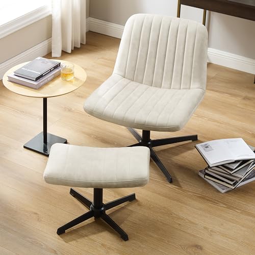 Art Leon Criss Cross Chair - with Ottoman and Pillow, Armless Office Desk Chair No Wheels, Modern Swivel Height Adjustable Mid Back Wide Seat Computer Task Vanity Chair for Home Office, Off White