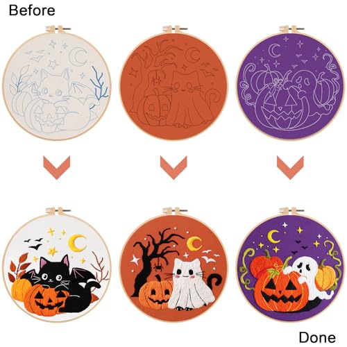 Image of Nuberlic Halloween Embroidery Kits - 3 Pack Easy Embroidery kit for Adults Beginners Starter Cross Stitch Kit DIY Needlepoint with Pre-Printed Fabric, Hoop, Thread, Needles & Step-by-Step Guide